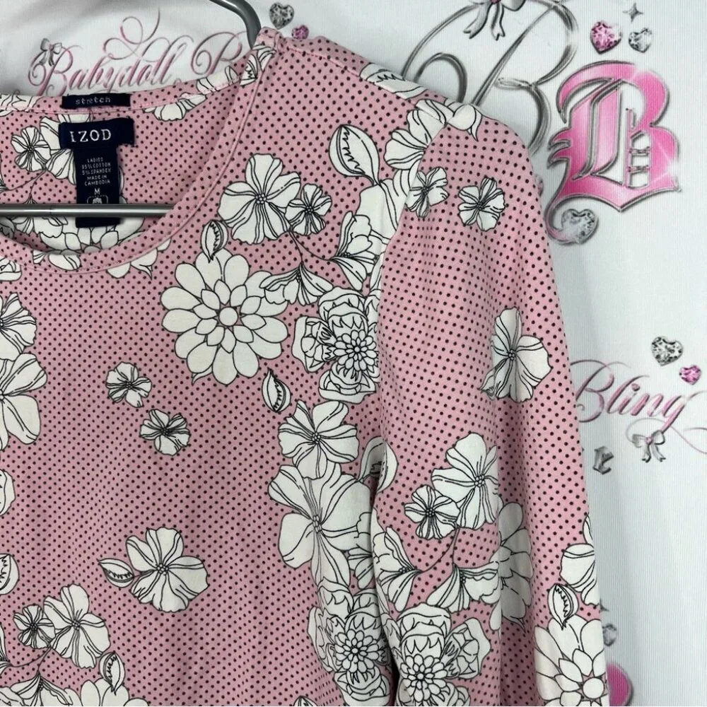 Izod long sleeve lace look flowers white black Pink Floral Sweatshirt